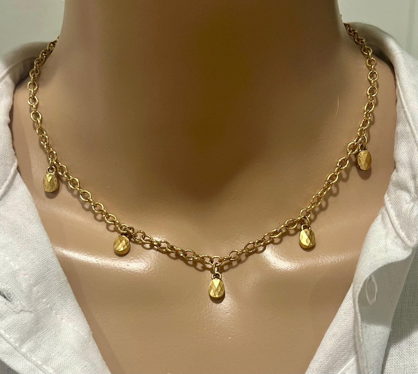 Dainty Gold Dangle Necklace Small Faceted Oval Pendants Non-Tarnish Gold Plated Pewter on Adjustable Length Gold Textured Chain Necklace