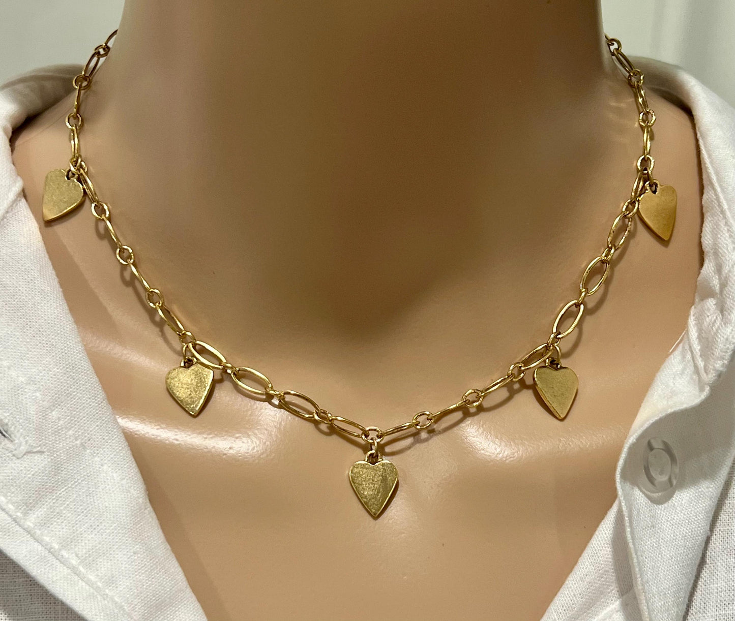 Dainty Gold Oval Link Chain Dangle Necklace with Heart Tags Non-Tarnish Gold Plated Pewter on Adjustable Length Gold Textured Chain Necklace