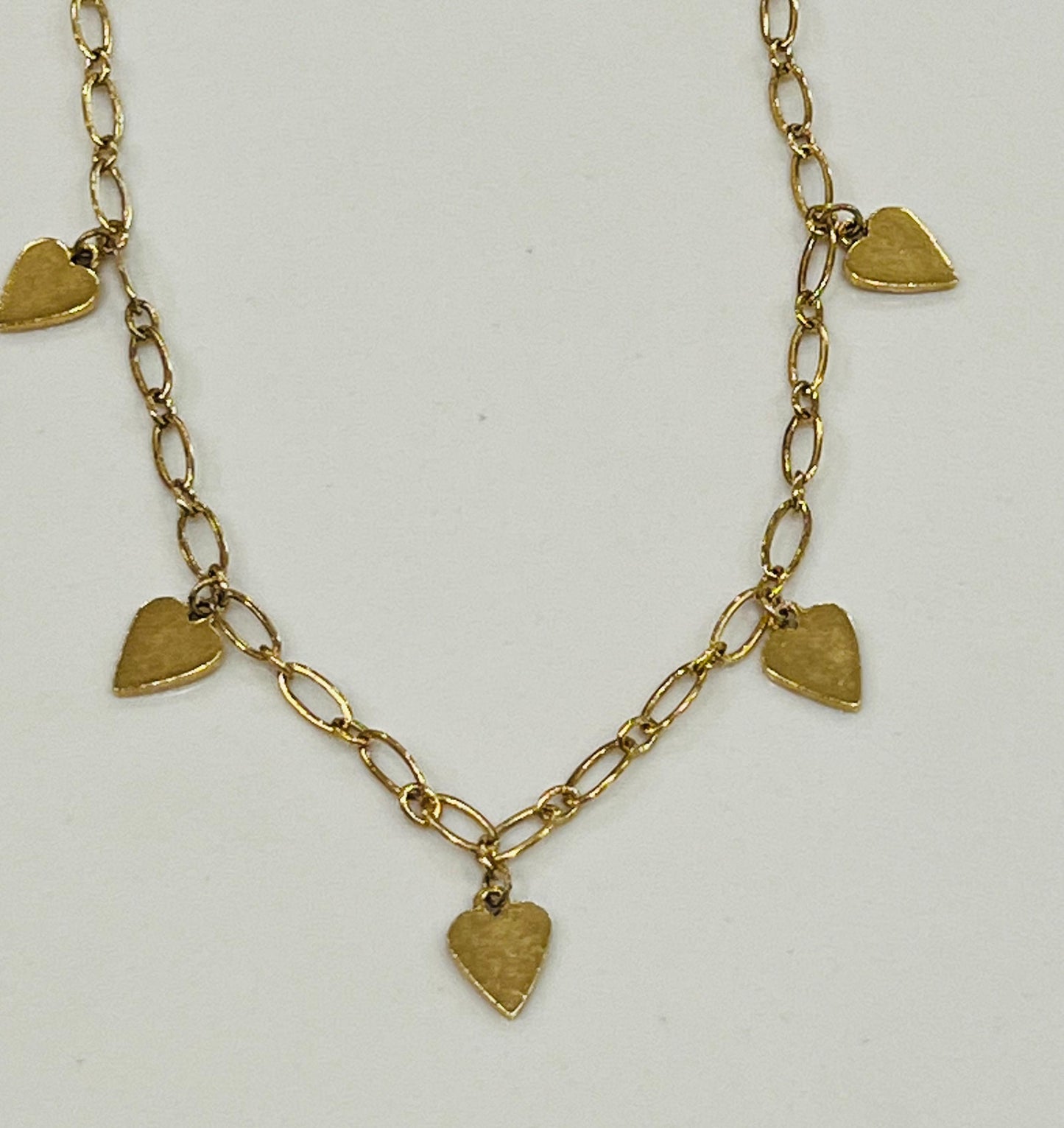 Dainty Gold Oval Link Chain Dangle Necklace with Heart Tags Non-Tarnish Gold Plated Pewter on Adjustable Length Gold Textured Chain Necklace