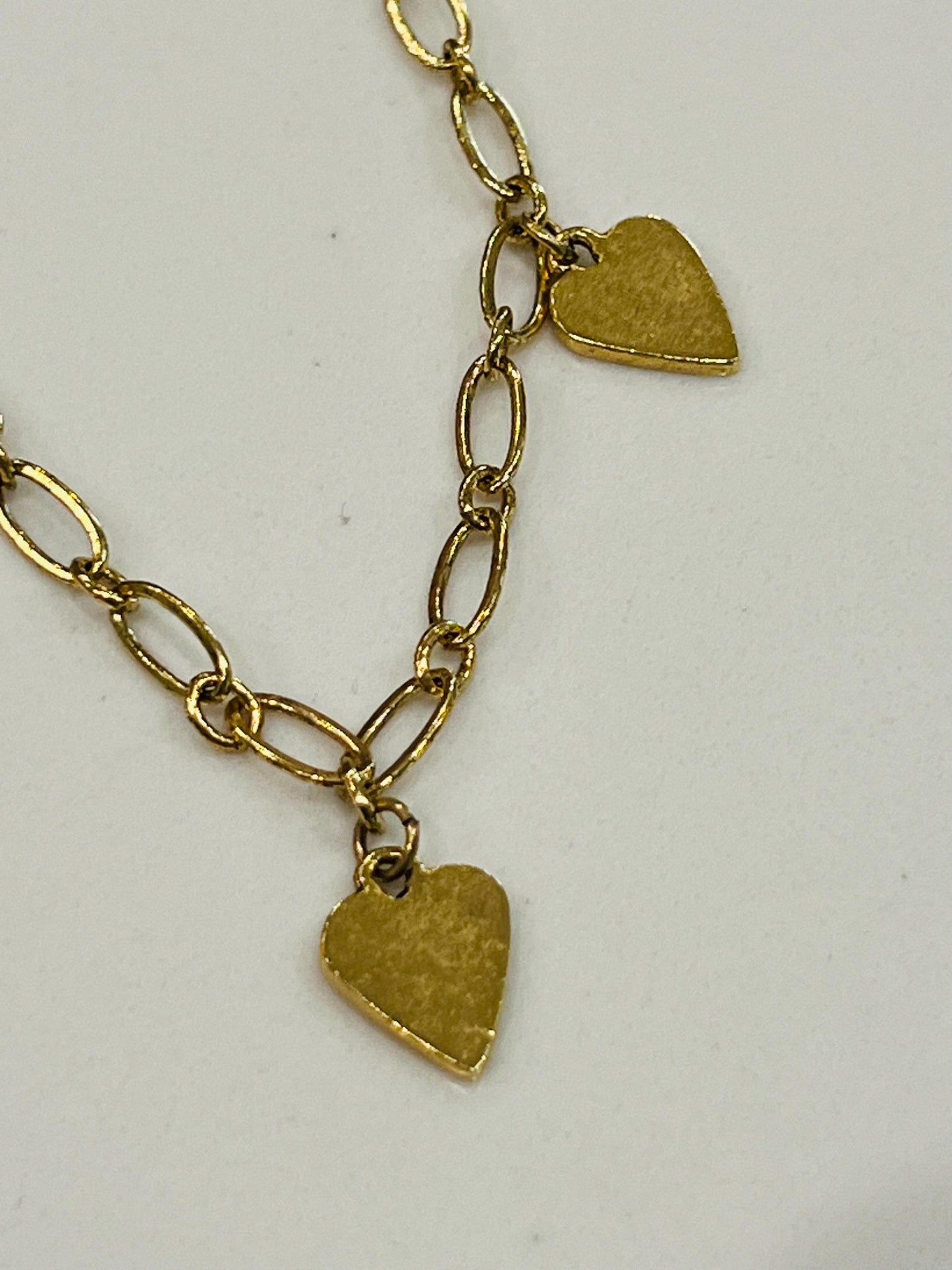 Dainty Gold Oval Link Chain Dangle Necklace with Heart Tags Non-Tarnish Gold Plated Pewter on Adjustable Length Gold Textured Chain Necklace
