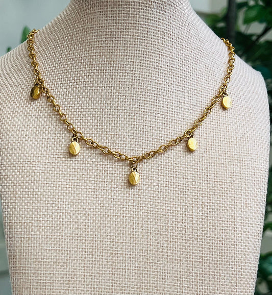 Dainty Gold Dangle Necklace Small Faceted Oval Pendants Non-Tarnish Gold Plated Pewter on Adjustable Length Gold Textured Chain Necklace