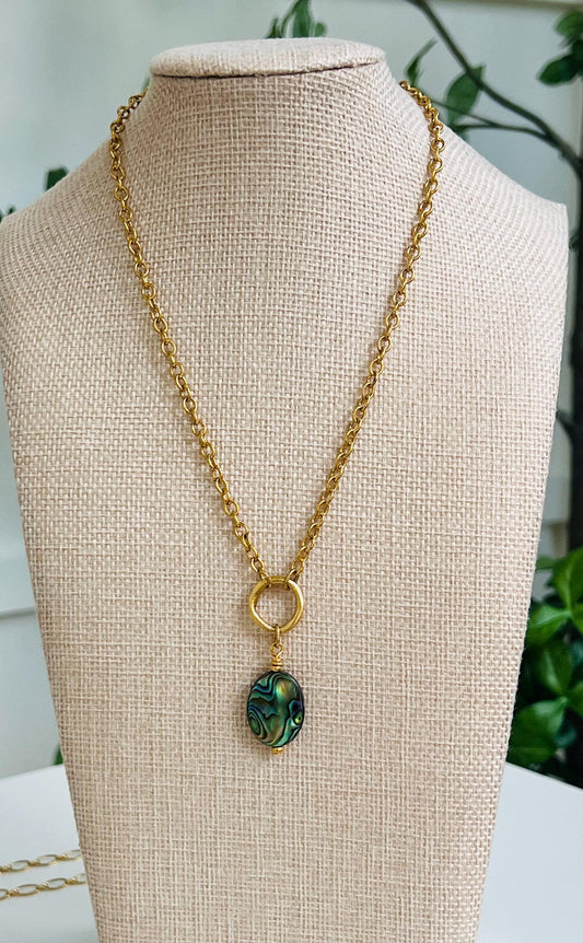 Gold Textured Cable Pendant Drop Necklace with Abalone Shell Drop Pendant Statement Necklace Gold Circle Drop Layering Necklace