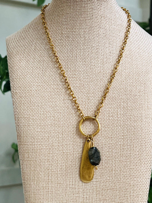 Gold Textured Cable Pendant Drop Necklace with Labradorite and Gold Drop Pendant Statement Necklace Gold Circle Drop Layering Necklace