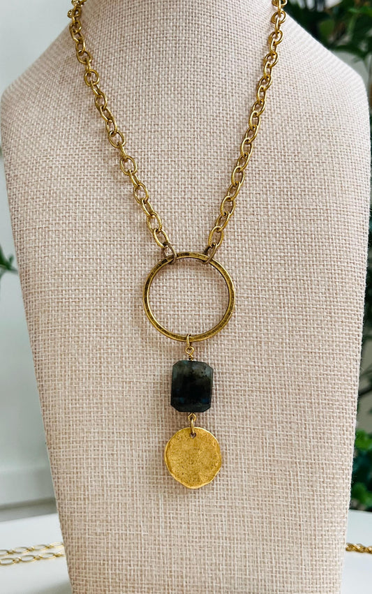 Gold Textured Cable Pendant Drop Necklace with Labradorite and Gold Coin Pendants Layering Statement Necklace Gold Coin Drop Necklace