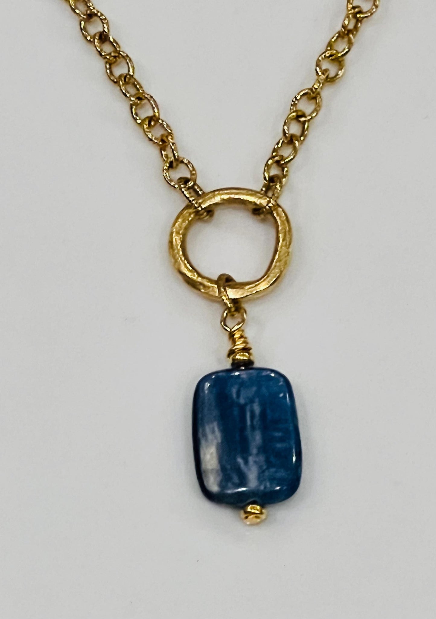 Gold Textured Small Cable Chain with Kyanite Pendant Necklace Blue Kyanite Gorgeous Layering Statement Necklace Gold Drop Necklace