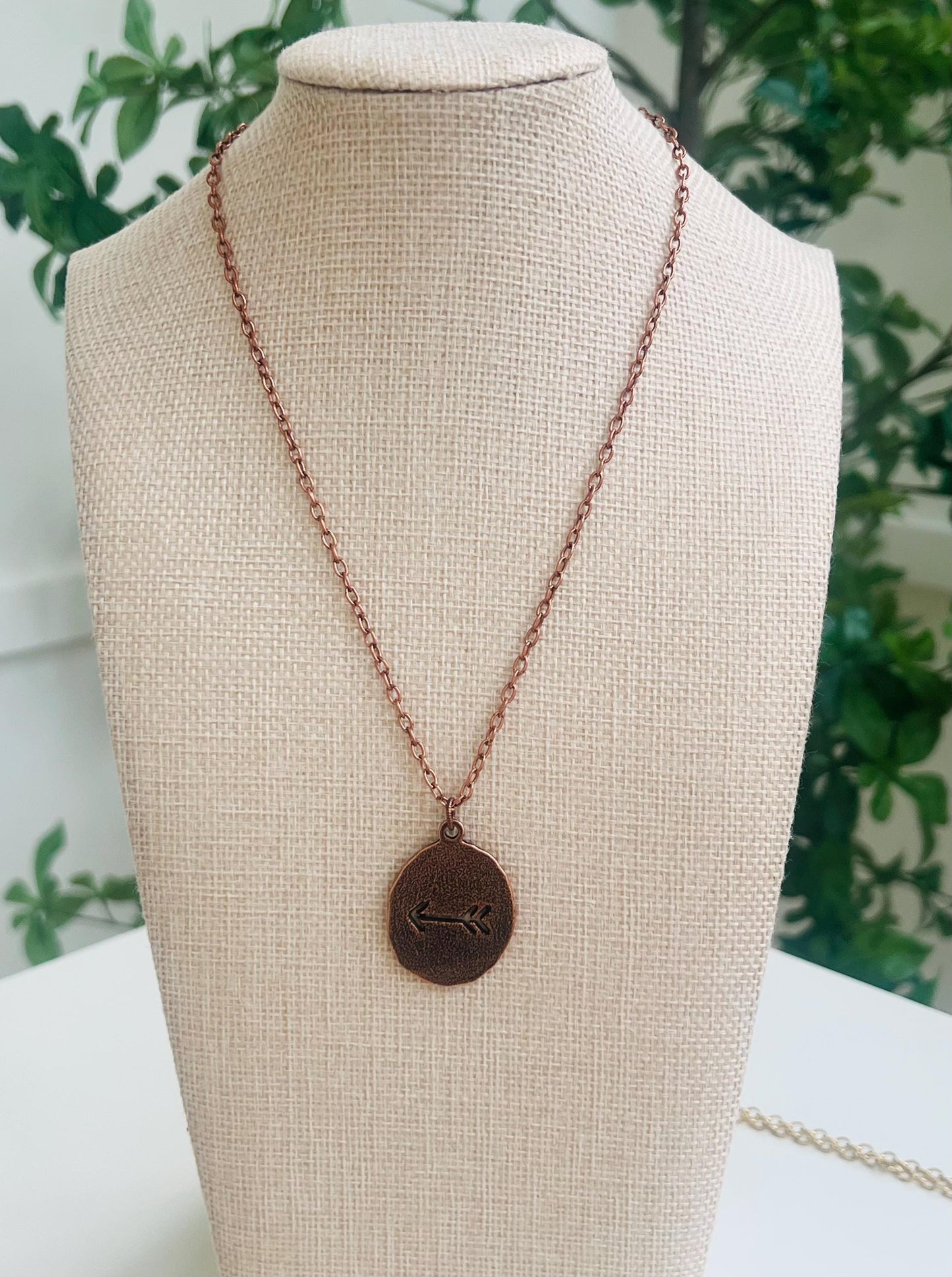 Copper Small Textured Cable Chain Necklace Arrow Oval Coin Pendant Gorgeous Layering Statement Necklace Copper Necklace Versatile Length