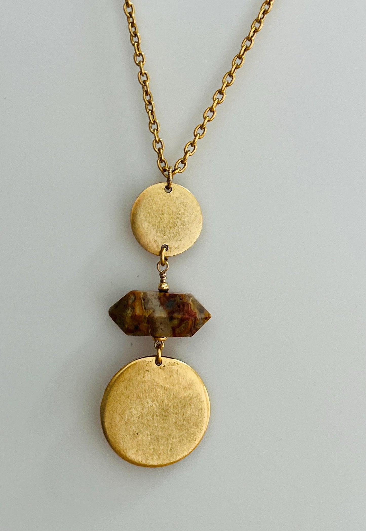 Gold Delicate Cable Chain Statement Necklace with Crazy Lace Agate and Gold Coin Pendant Statement Double Point Crazy Lace Stone
