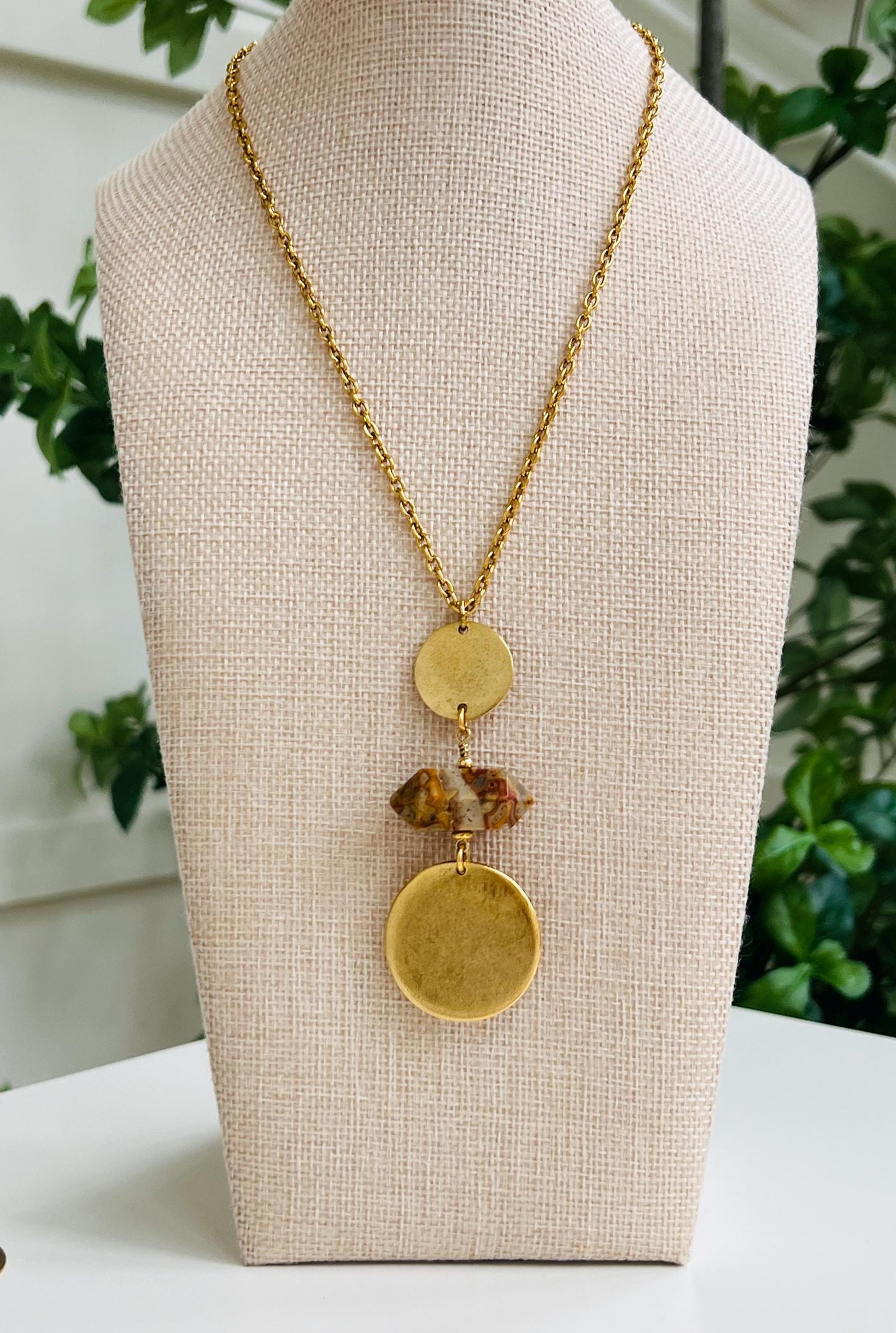 Gold Delicate Cable Chain Statement Necklace with Crazy Lace Agate and Gold Coin Pendant Statement Double Point Crazy Lace Stone