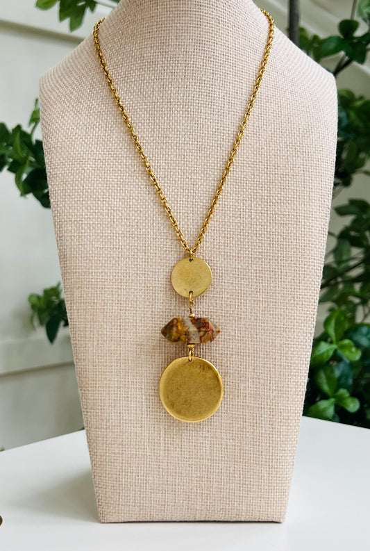 Gold Delicate Cable Chain Statement Necklace with Crazy Lace Agate and Gold Coin Pendant Statement Double Point Crazy Lace Stone