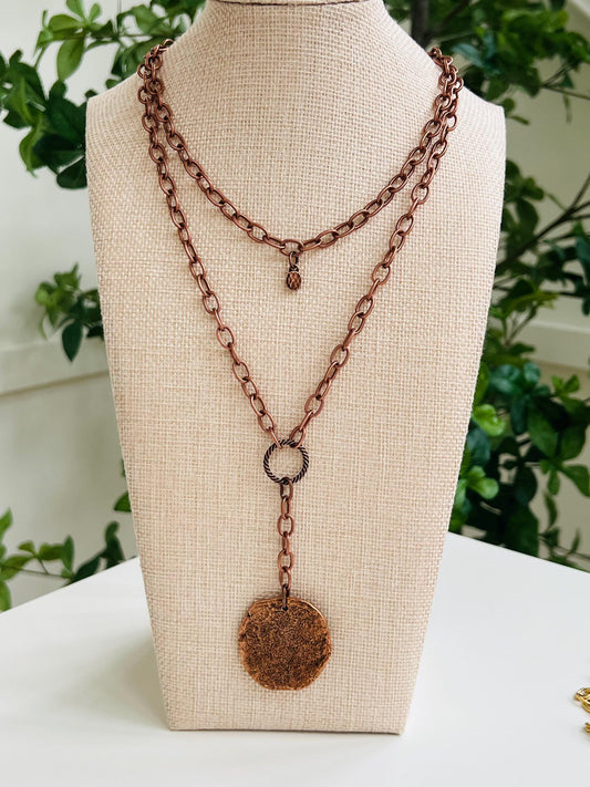 Copper Large Textured Cable Chain Double Strand Necklace with Large Organic Copper Coin Pendant Drop Gorgeous Layered Necklace