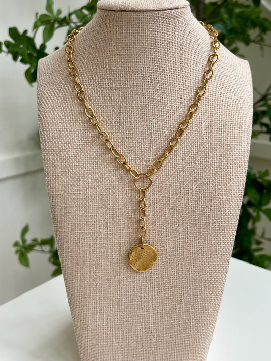 Gold Large Textured Chain Necklace with Organic Coin Pendant Drop Non-Tarnish Gold Plated Pewter Pendant Versatile Length Layering Necklace