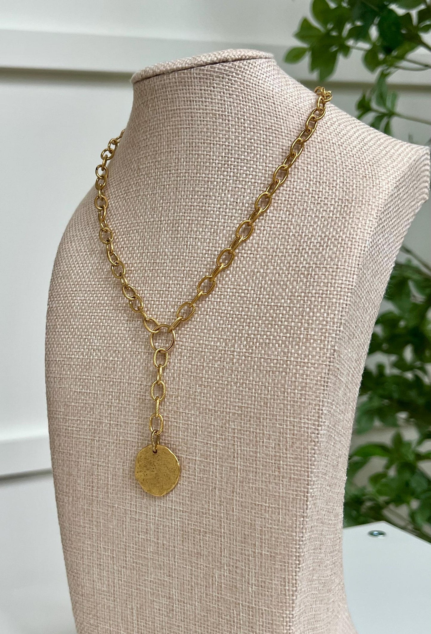 Gold Large Textured Chain Necklace with Organic Coin Pendant Drop Non-Tarnish Gold Plated Pewter Pendant Versatile Length Layering Necklace