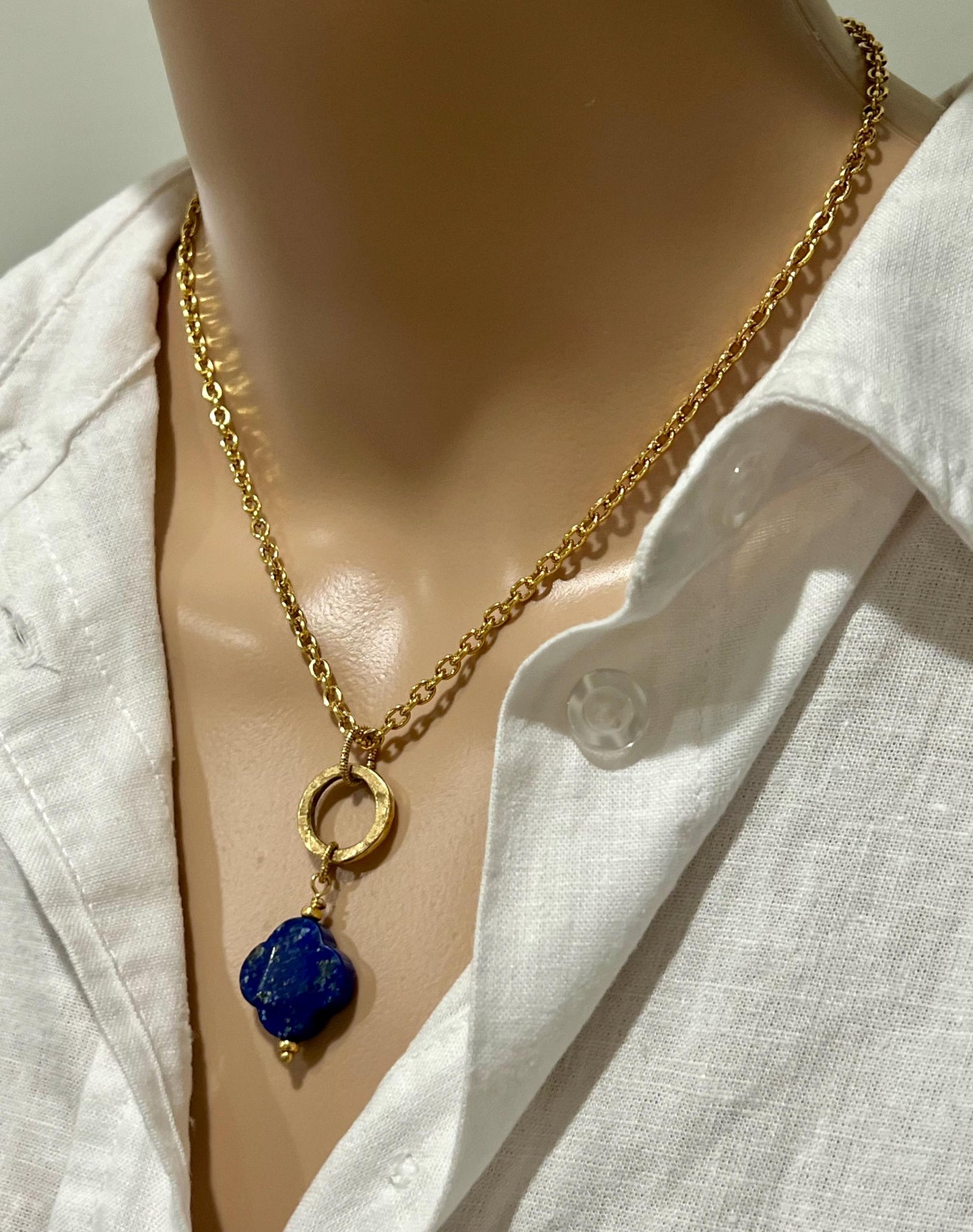 Gold Delicate Classic Cable Chain with Lapis Clover Pendant and Hoop Adjustable Length Necklace Blue and Gold Pendant Layering Necklace