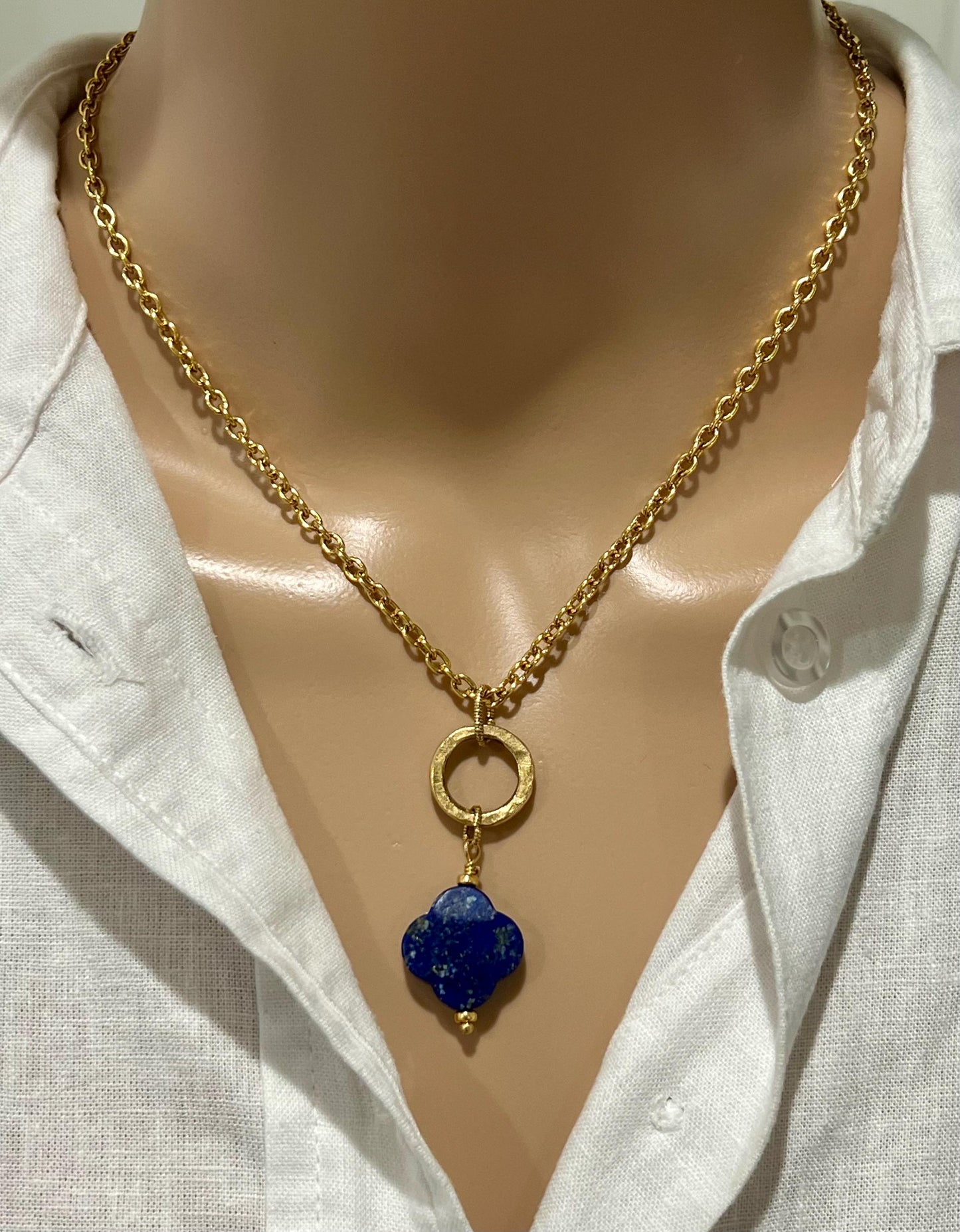 Gold Delicate Classic Cable Chain with Lapis Clover Pendant and Hoop Adjustable Length Necklace Blue and Gold Pendant Layering Necklace