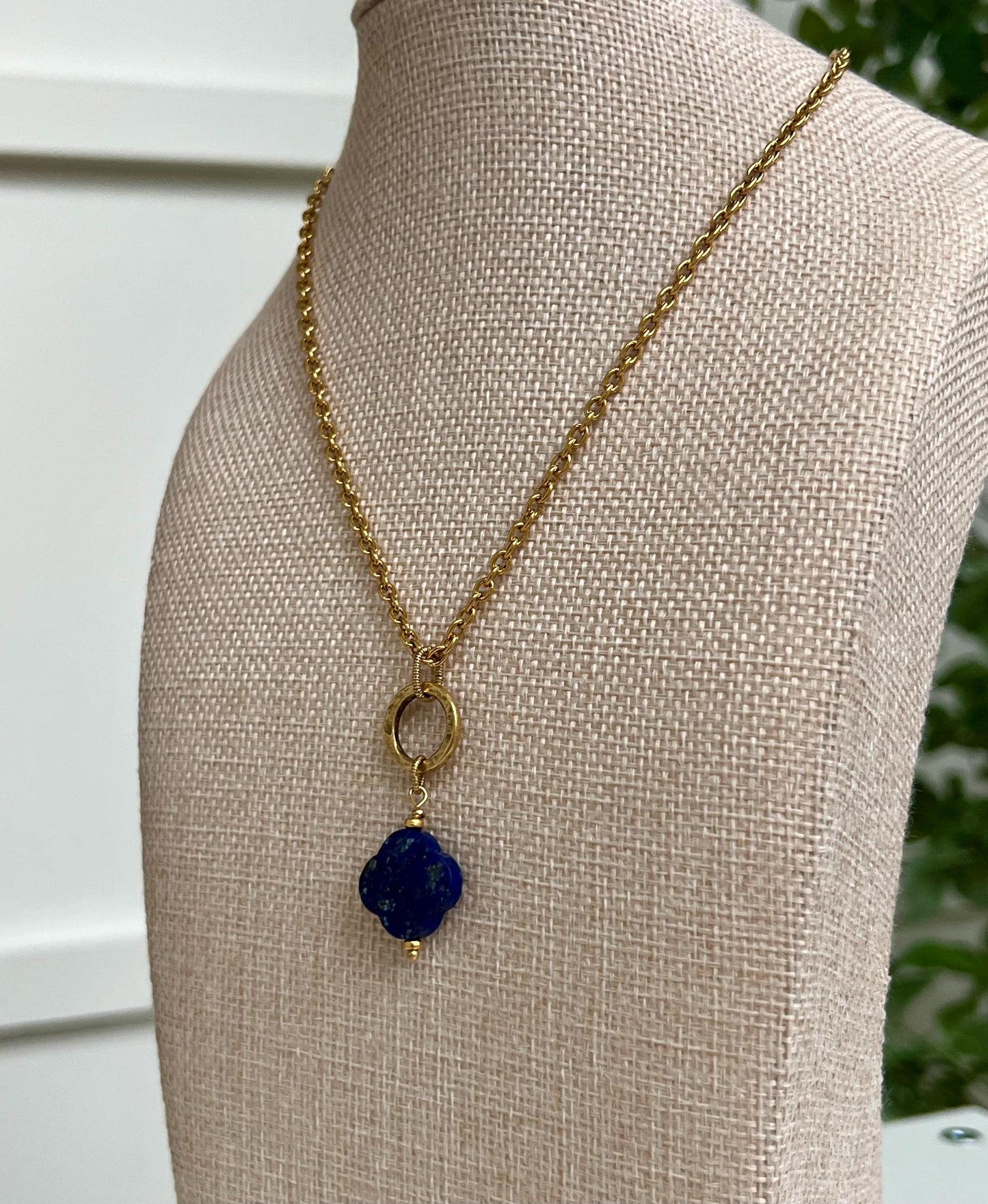 Gold Delicate Classic Cable Chain with Lapis Clover Pendant and Hoop Adjustable Length Necklace Blue and Gold Pendant Layering Necklace