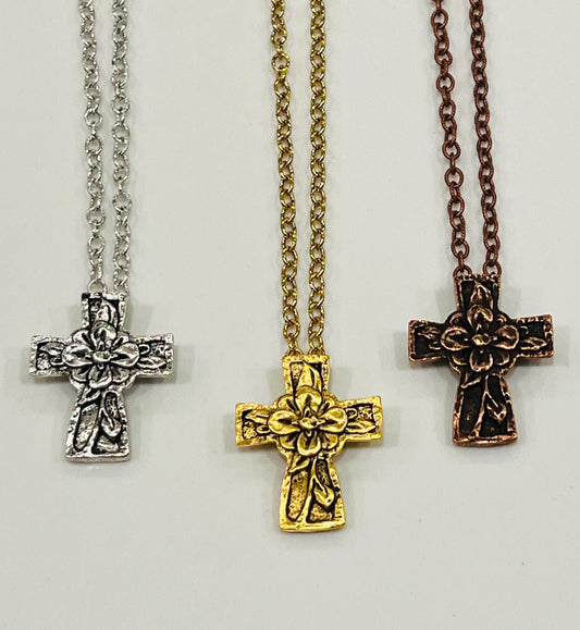 Gold, Silver, or Copper Small Textured Cable Chain Necklace with Floral Cross Pendant Gorgeous Layering Statement Necklace Versatile Length