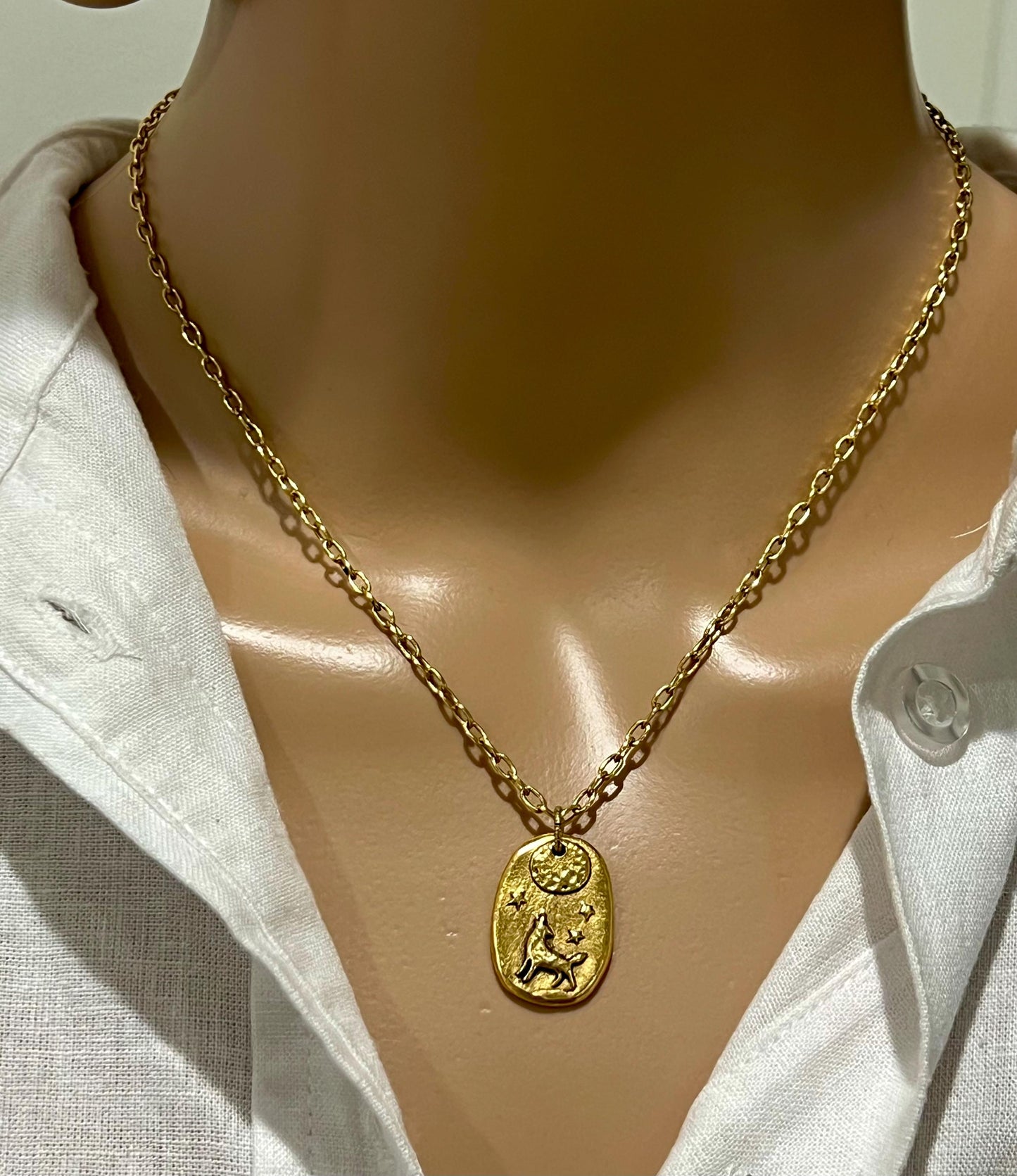 Gold Delicate Paperclip Layering Necklace with Howl at the Moon Wolf & Moon Pendant Gorgeous Layering Statement Necklace Green Girl Studios