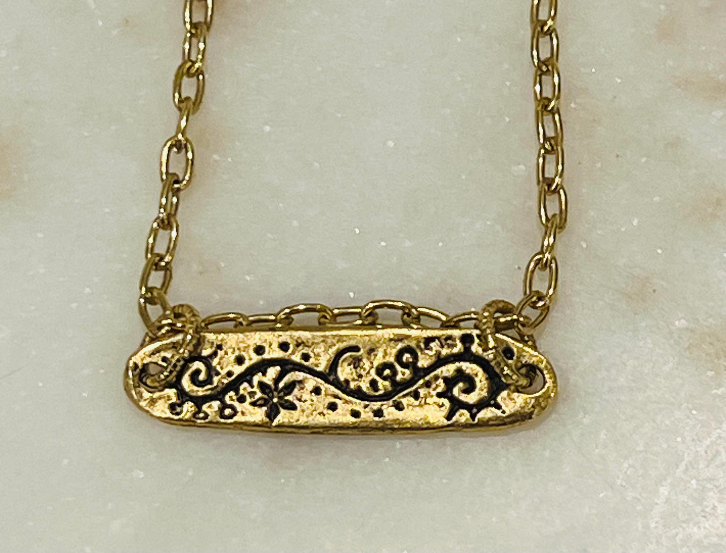 Gold Delicate Paperclip Layering Necklace with Floral Vine Bar Pendant Gorgeous Layering Statement Necklace Green Girl Studios Seek Wisdom