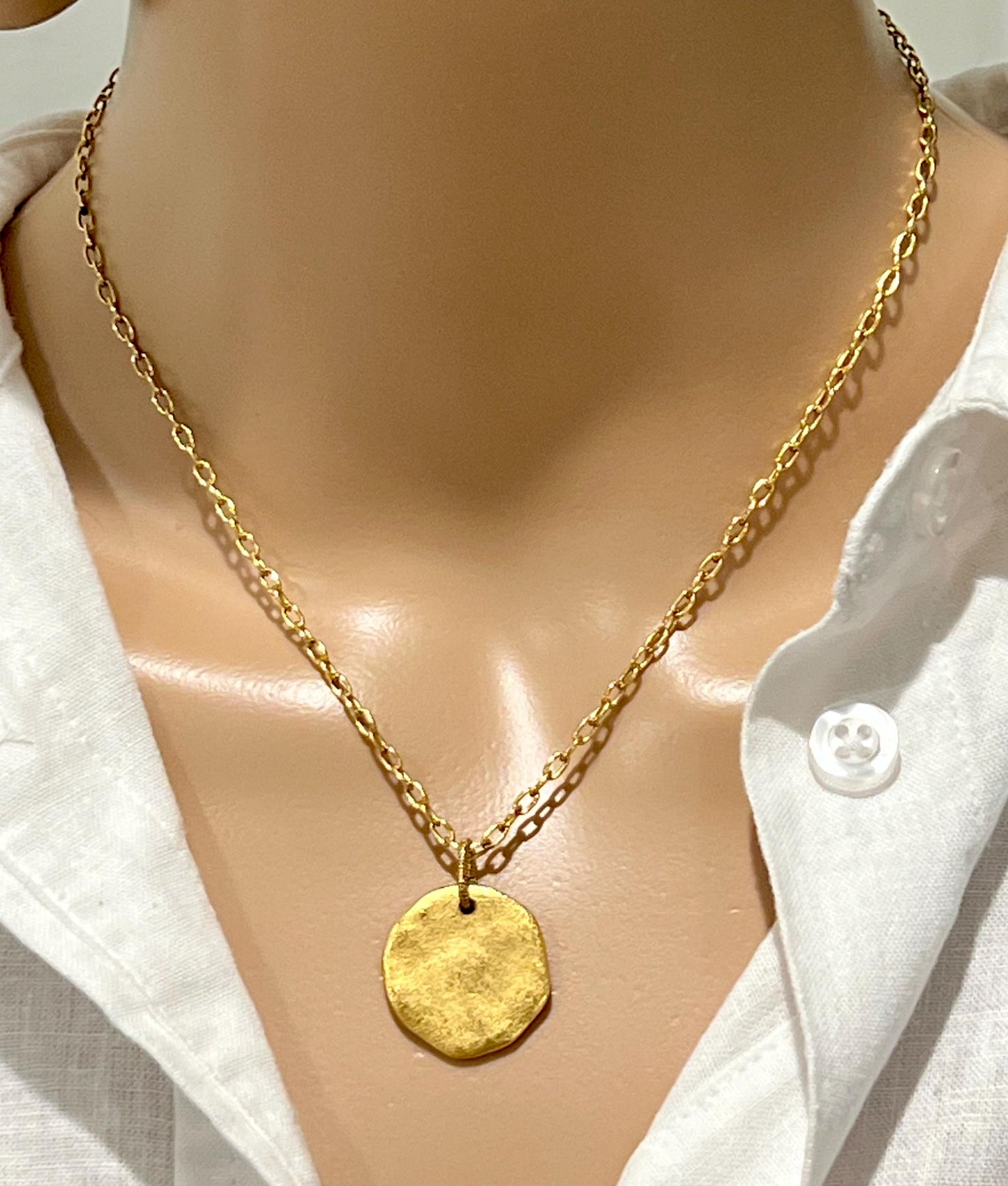 Gold, Silver, or Copper Small Classic Cable Chain Layering Necklace with Organic Coin Pendant Gorgeous Layering Necklace Modern Necklace