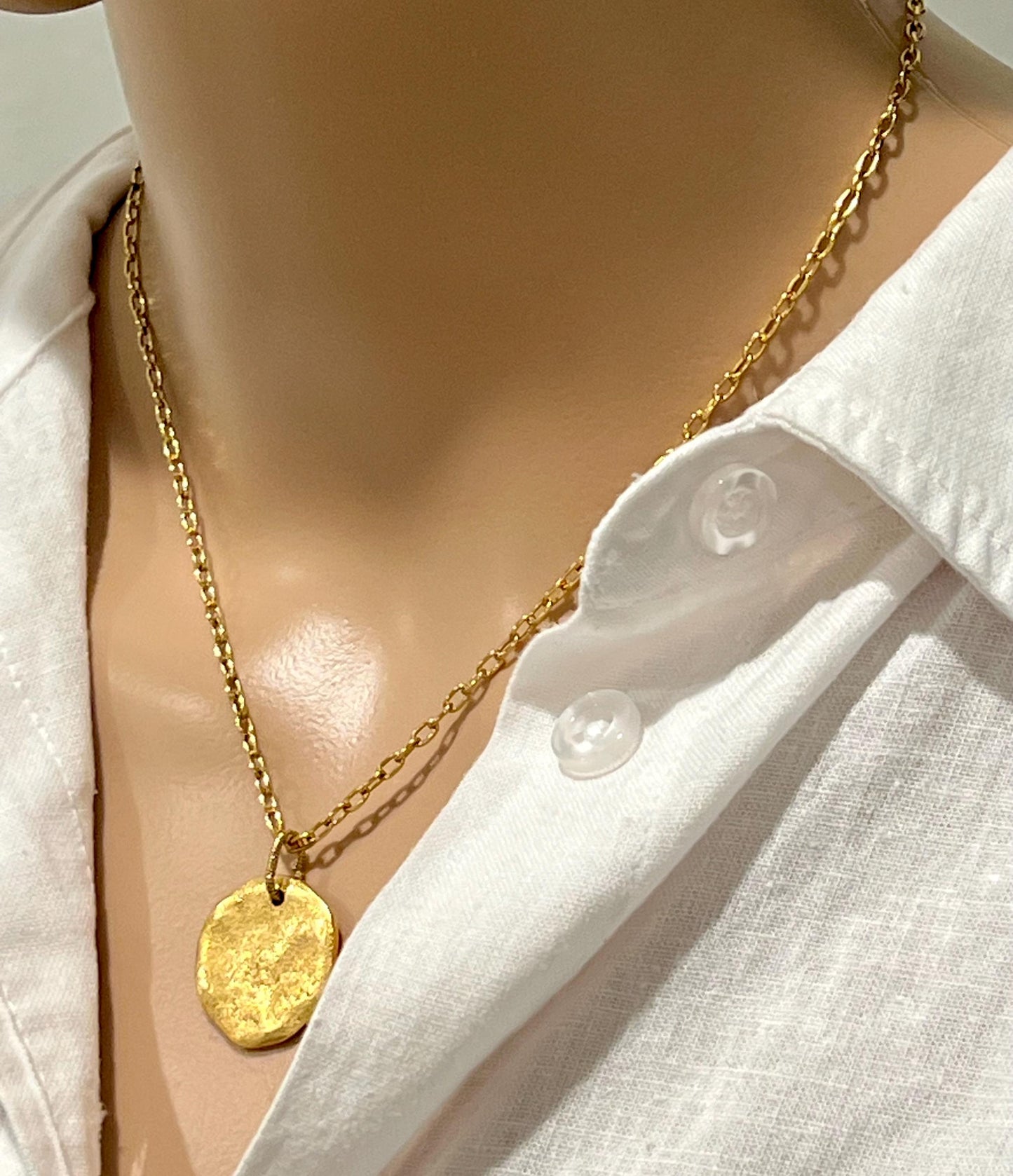 Gold, Silver, or Copper Small Classic Cable Chain Layering Necklace with Organic Coin Pendant Gorgeous Layering Necklace Modern Necklace
