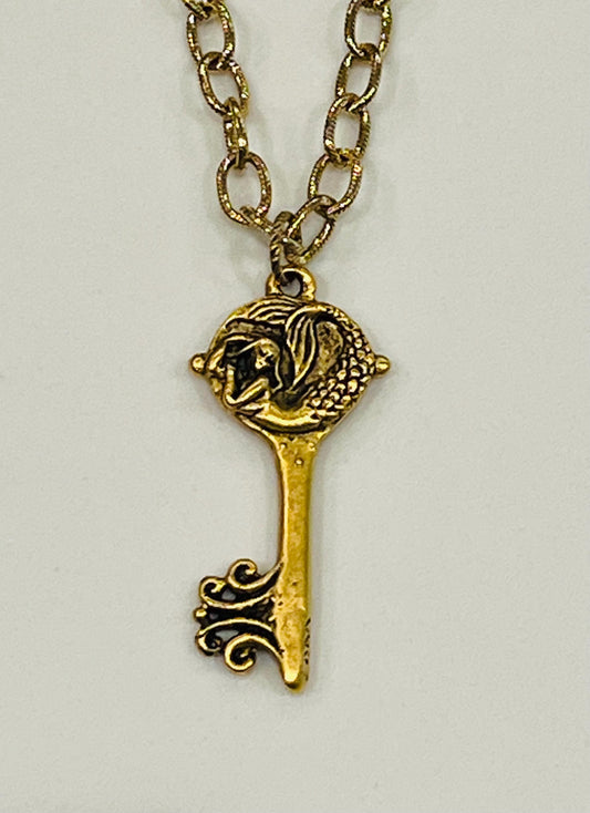 Gold Classic Textured Cable Chain Necklace with Mermaid Key Pendant  Layering Statement Necklace Whimsical Gold Necklace Green Girl Studios