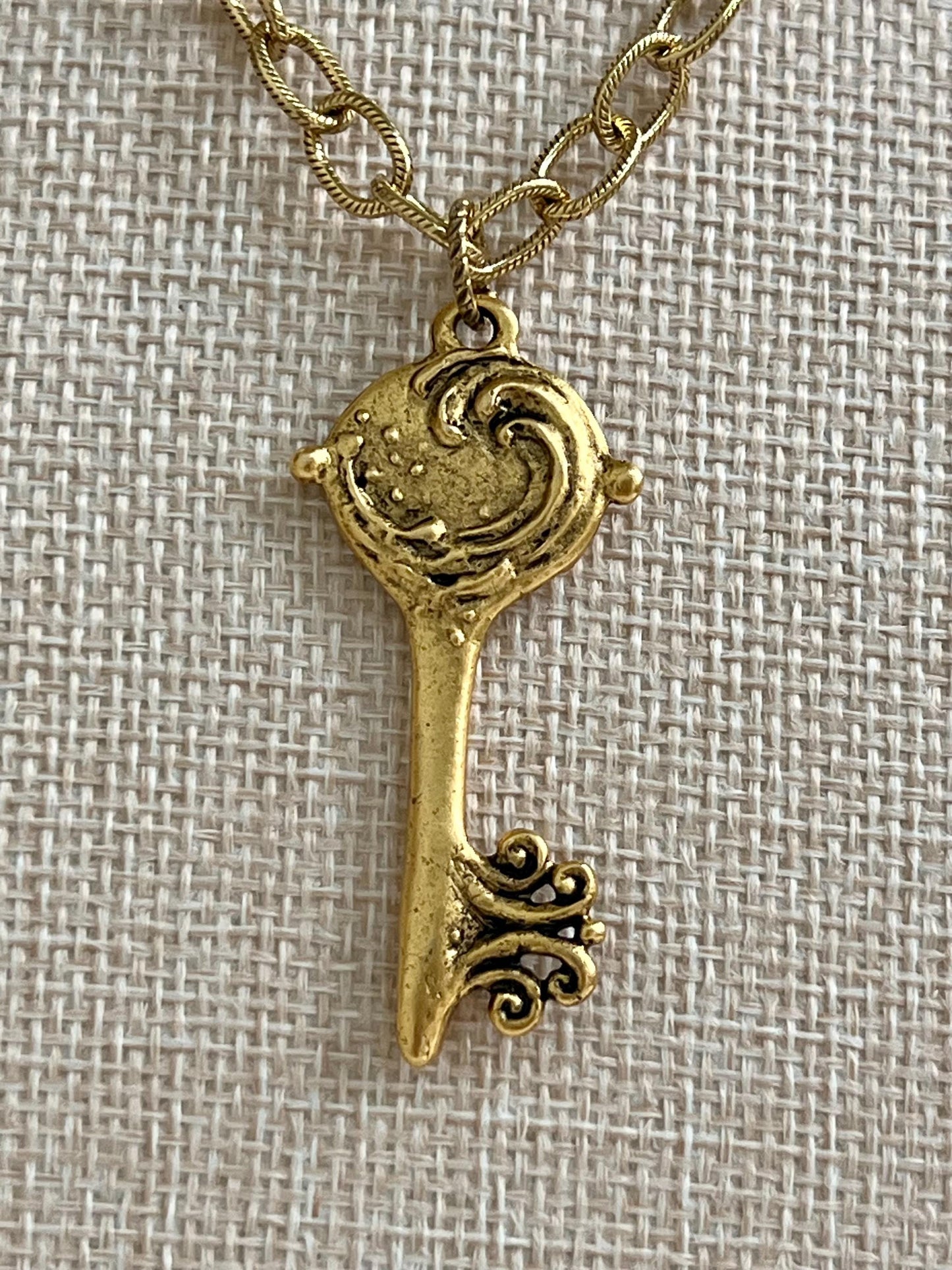 Gold Classic Textured Cable Chain Necklace with Mermaid Key Pendant  Layering Statement Necklace Whimsical Gold Necklace Green Girl Studios