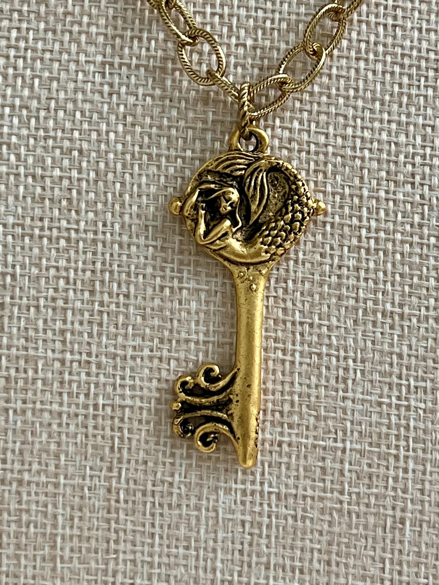 Gold Classic Textured Cable Chain Necklace with Mermaid Key Pendant  Layering Statement Necklace Whimsical Gold Necklace Green Girl Studios