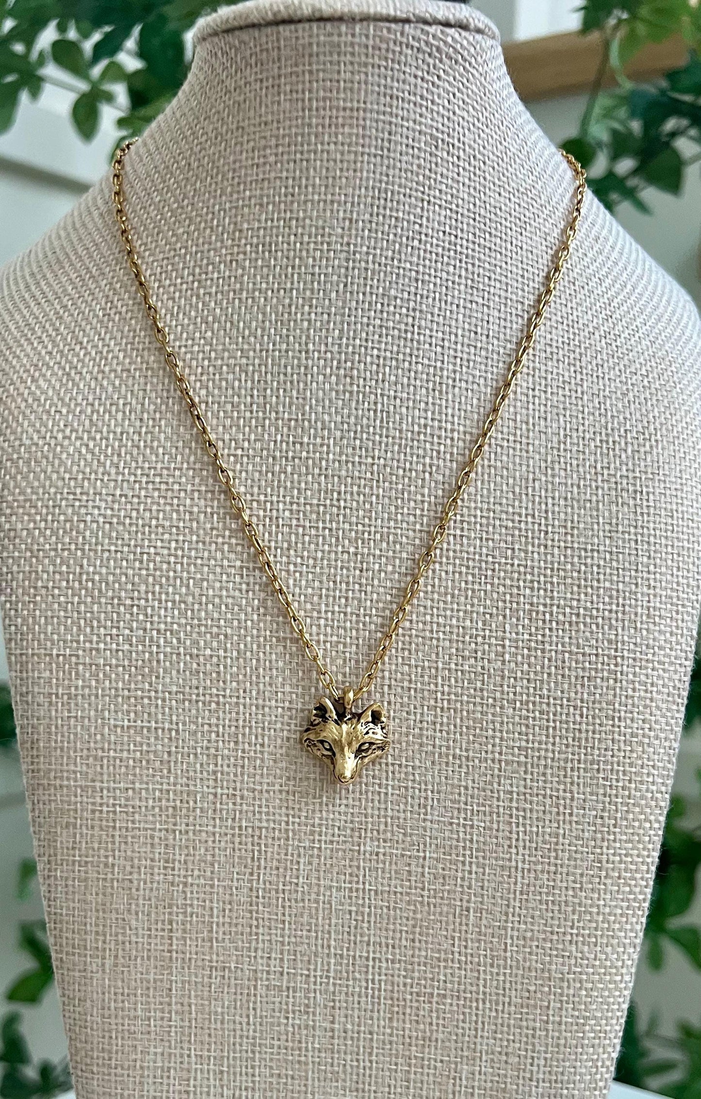 Gold Delicate Paperclip Layering Necklace Wolf Pendant Gorgeous Layering Statement Necklace Whimsical Gold Necklace Green Girl Studios