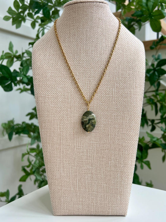 Gold Classic Cable Pendant Drop Necklace with Rhyolite Jasper Drop Pendant Statement Necklace Rainforest Jasper Pendant Layering Necklace