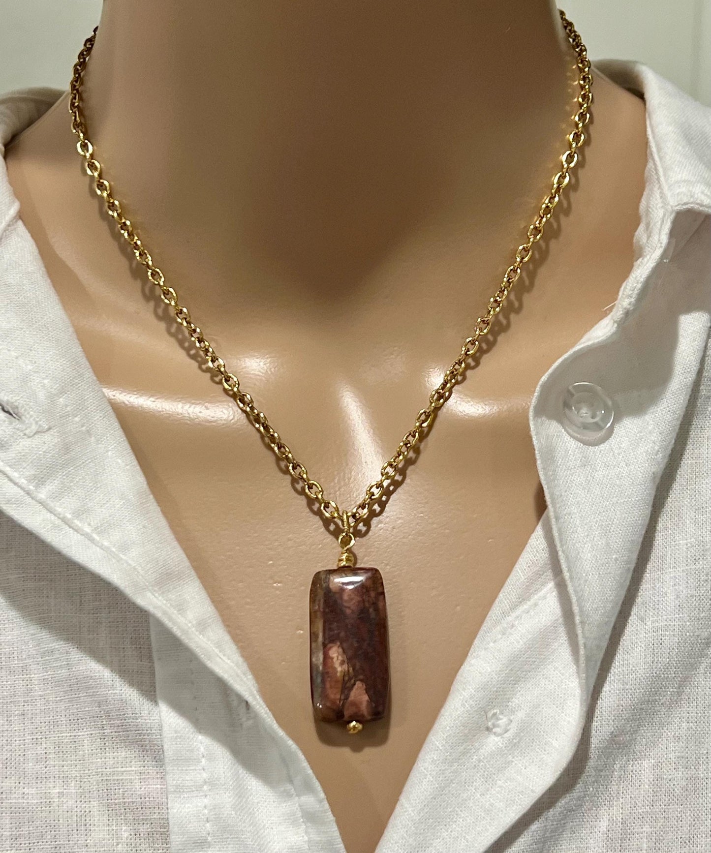 Gold Classic Cable Chain with Pendant  Red Creek Jasper Drop Pendant Statement Necklace Red Jasper Pendant Layering Necklace