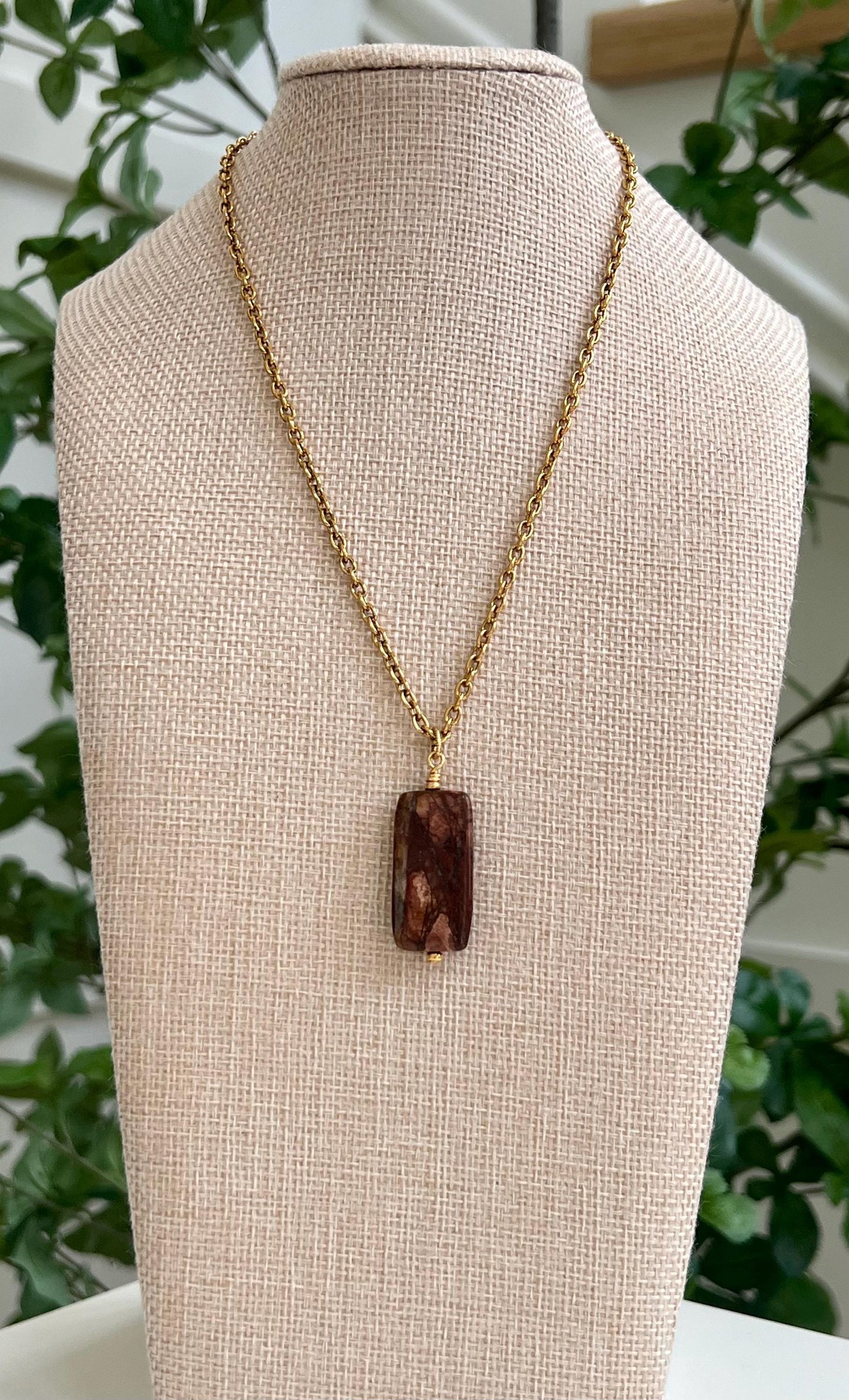 Gold Classic Cable Chain with Pendant  Red Creek Jasper Drop Pendant Statement Necklace Red Jasper Pendant Layering Necklace