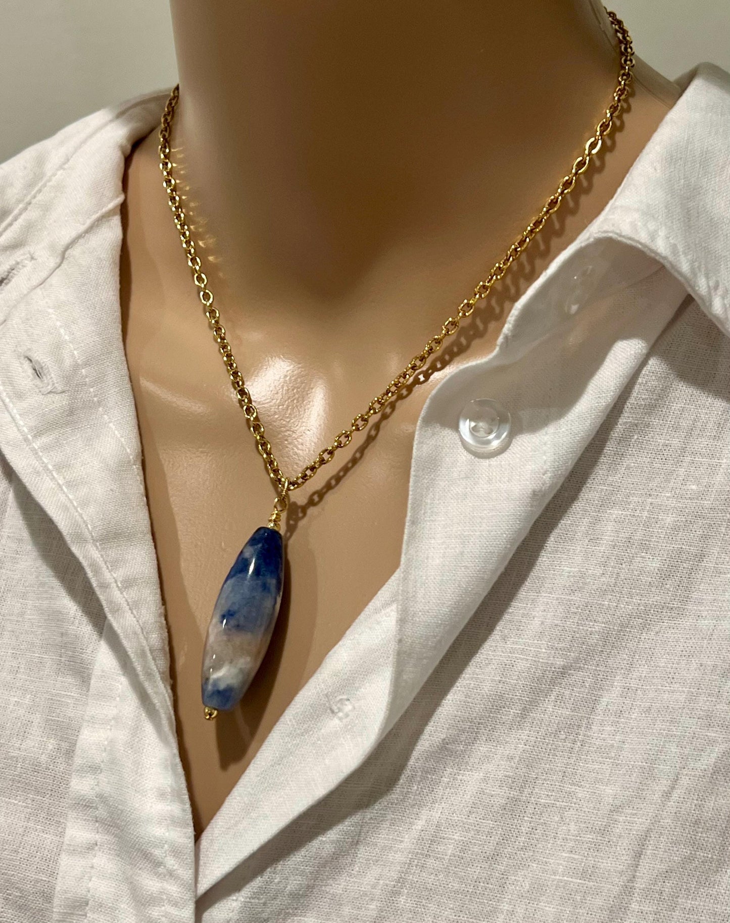 Gold Classic Cable Chain with Sodalite Drop Necklace Sodalite Drop Pendant Statement Necklace Blue Sodalite Pendant Layering Necklace