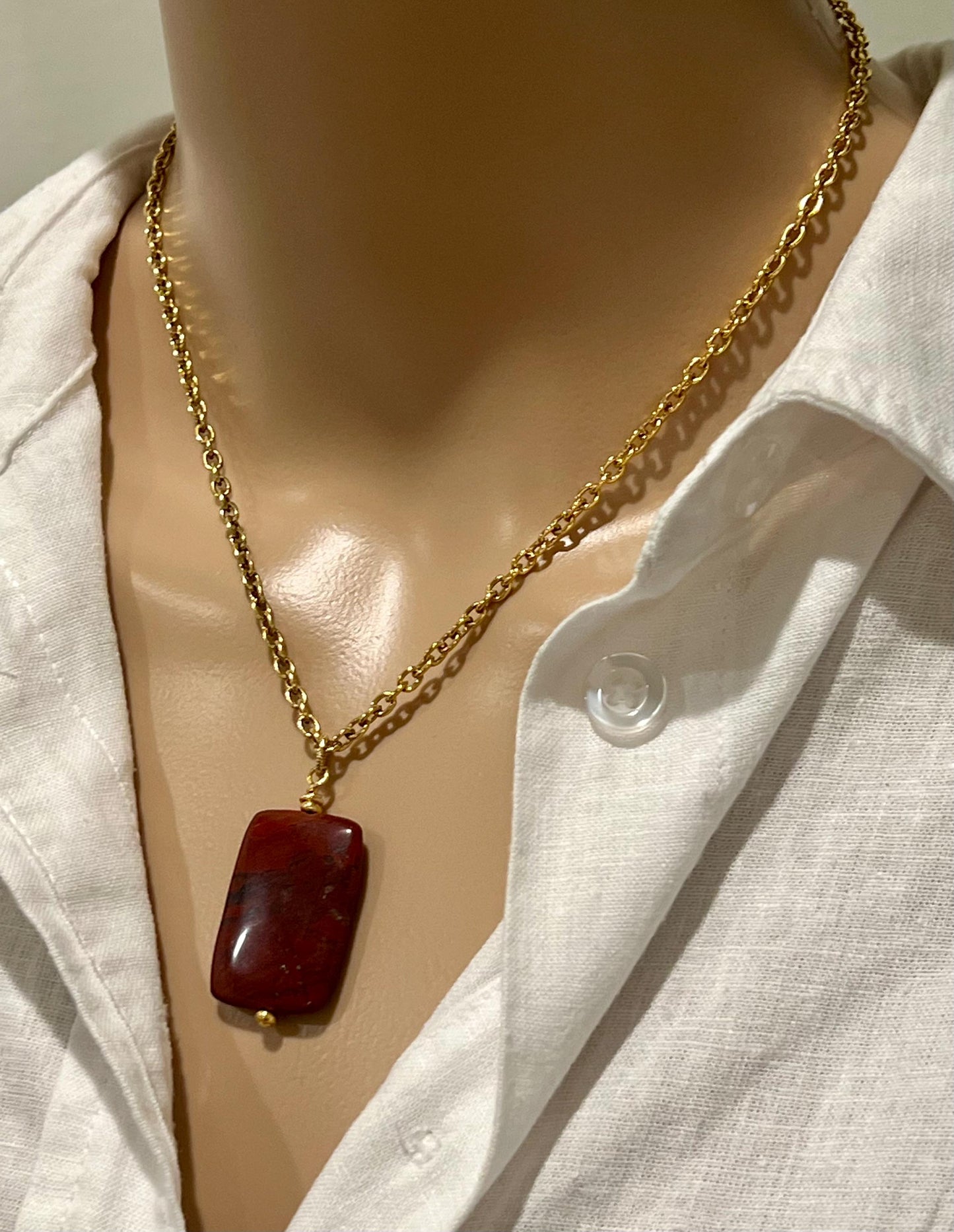 Gold Classic Cable Chain with Red Jasper Drop Rectangular Pendant Statement Necklace Red Jasper Pendant Layering Necklace
