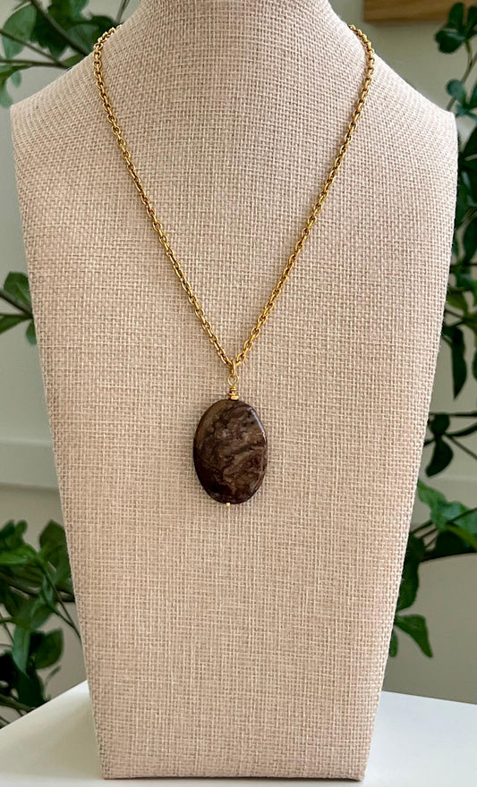 Gold Classic Cable Chain with Oval Pietersite Pendant Statement Necklace Pietersite Pendant Layering Necklace Brown Stone Pendant