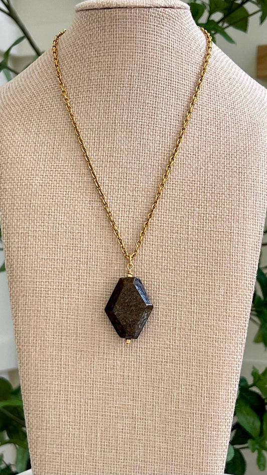 Gold Classic Cable Chain with Diamond Shaped Bronzite Pendant Statement Necklace Bronzite Pendant Layering Necklace