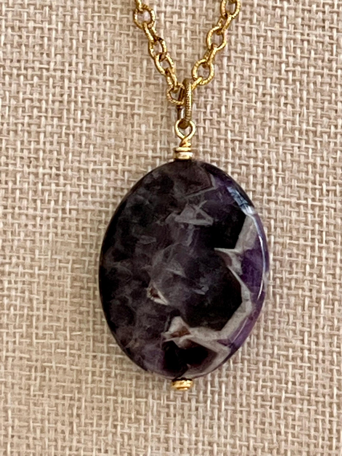 Gold Classic Textured Cable Chain Necklace with Large Chevron Amethyst Pendant  Layering Statement Necklace Purple and Gold Necklace