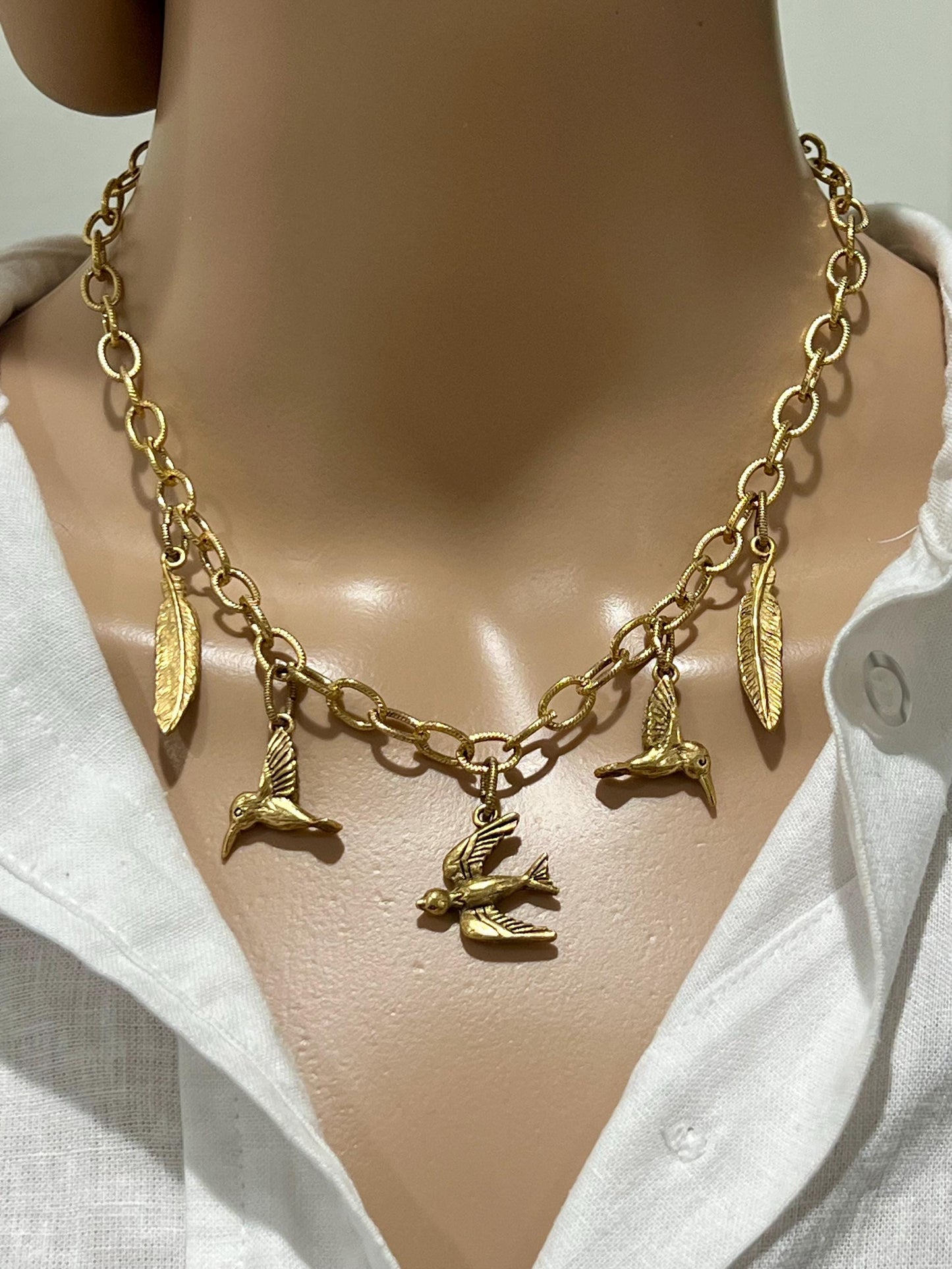 Gold Classic Textured Cable Chain Birds of a Feather Charm Necklace Non-tarnish Gold Plated Pewter Bird and Feather Pendant Necklace