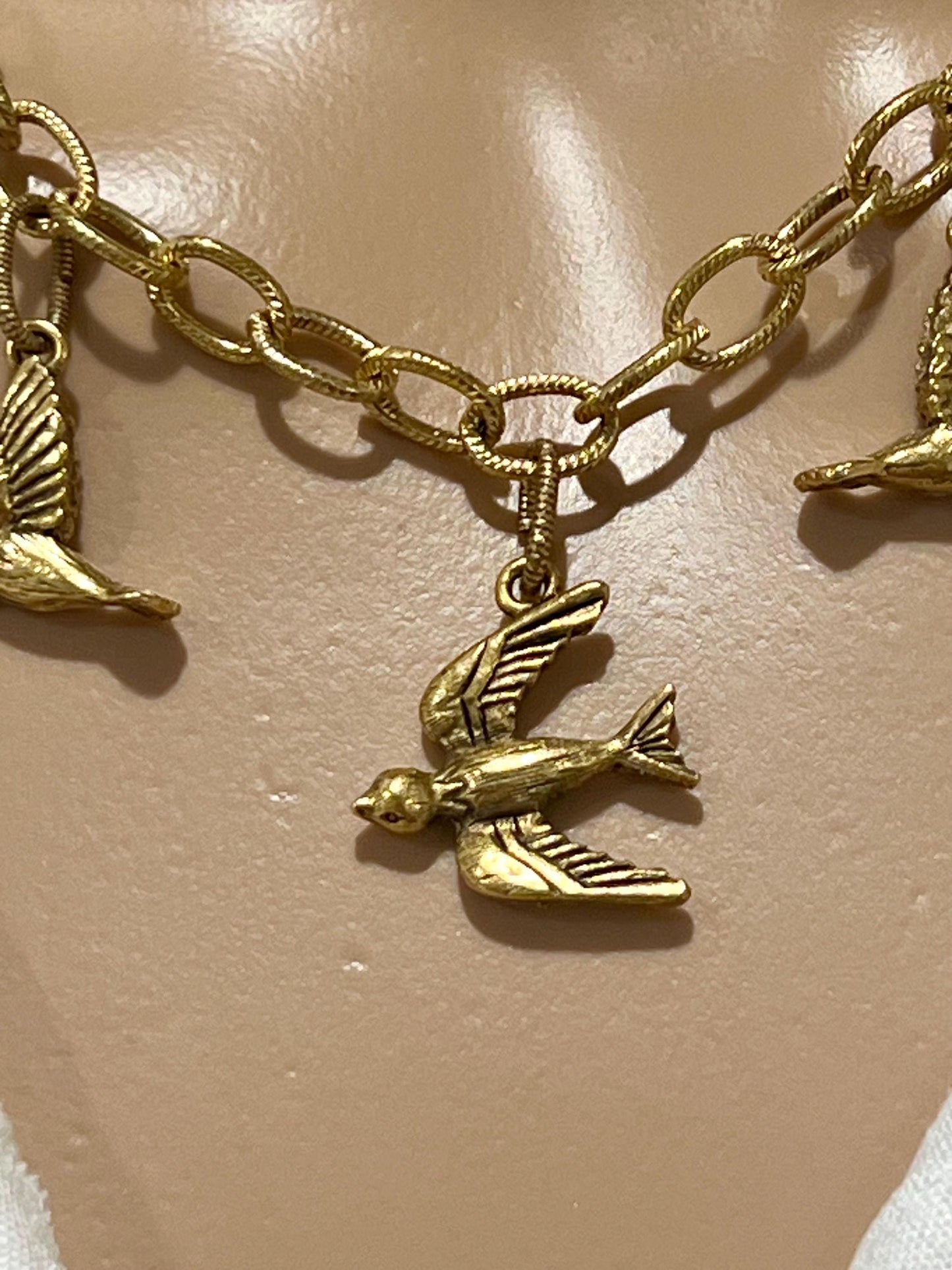 Gold Classic Textured Cable Chain Birds of a Feather Charm Necklace Non-tarnish Gold Plated Pewter Bird and Feather Pendant Necklace