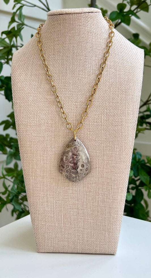 Gold Textured Large Cable Chain with Large Fossil Coral Pendant Necklace  Drop Pendant Statement Necklace Large Stone Pendant Necklace