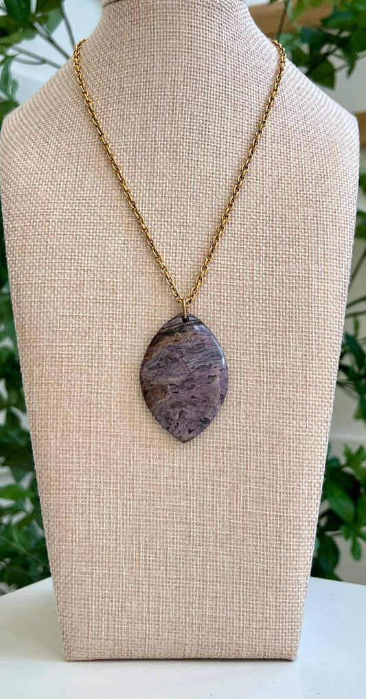 Gold Classic Textured Cable Chain Necklace with Charoite Pendant  Layering Statement Necklace Charoite Natural Gemstone Pendant