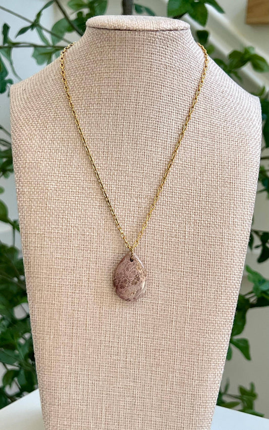 Gold Delicate Paperclip Layering Necklace with Beautiful Fossil Coral Teardrop Pendant Layering Statement Necklace Natural Gemstone Pendant