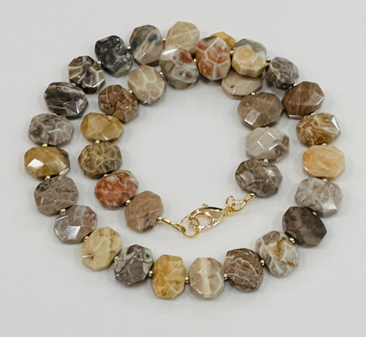 Fossil Coral Beaded Necklace 18k Gold Filled Clasp/Beads Gorgeous Fossil Coral Faceted Octagon Beads Semi-Precious Gemstone Necklace