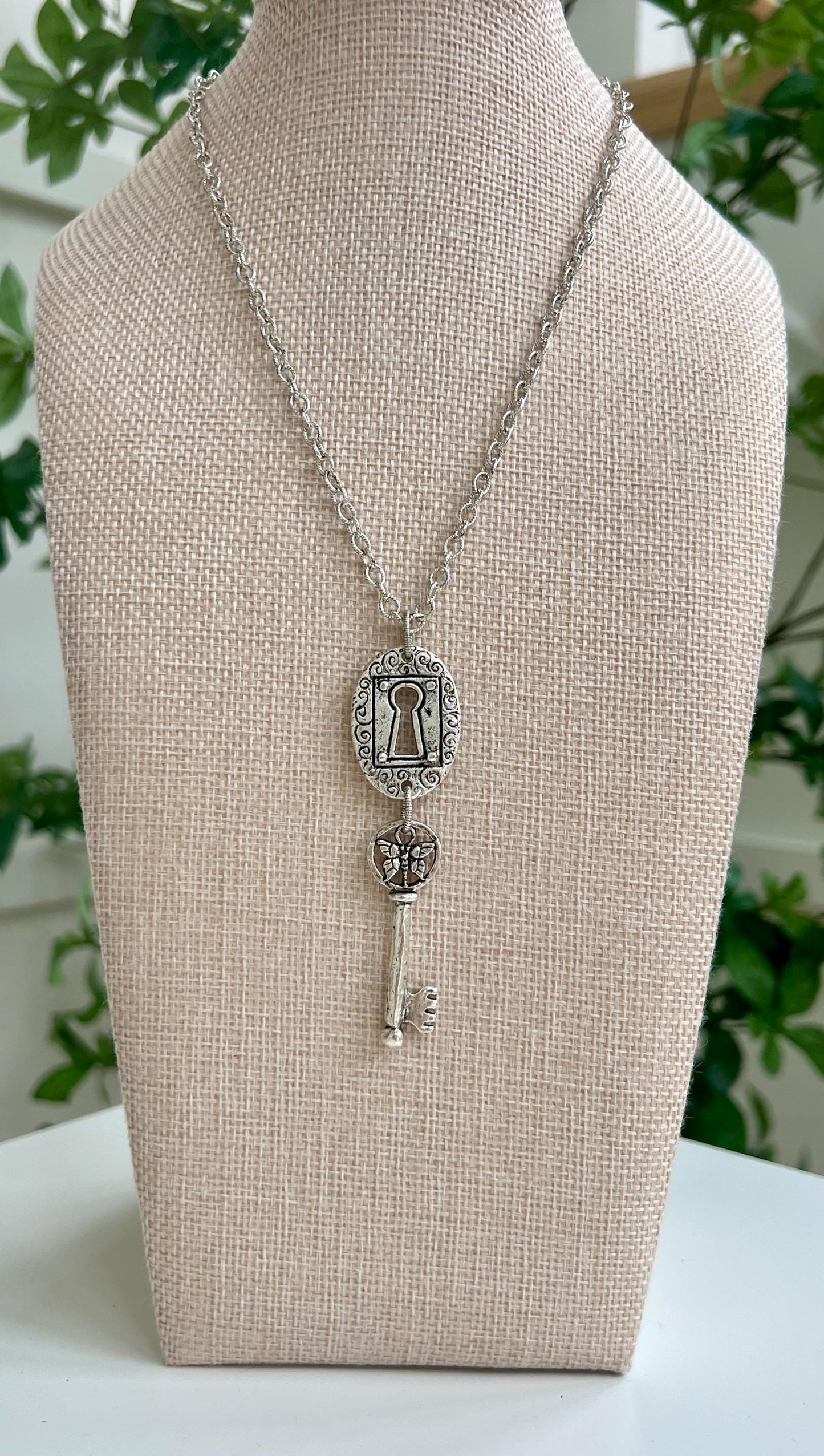 Gold or Silver Classic Textured Cable Chain Necklace Lock and Key Pendant Layering Statement Necklace Whimsical Necklace Green Girl Studios