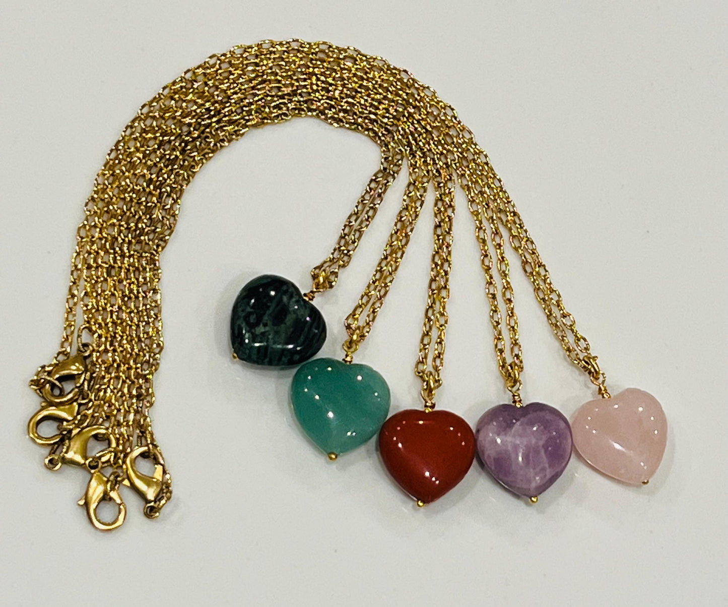 Gold Delicate Paperclip Chain with Natural Gemstone Heart  Kambaba Jasper, Rose Quartz, Lepidolite, Red Jasper, or Green Aventurine