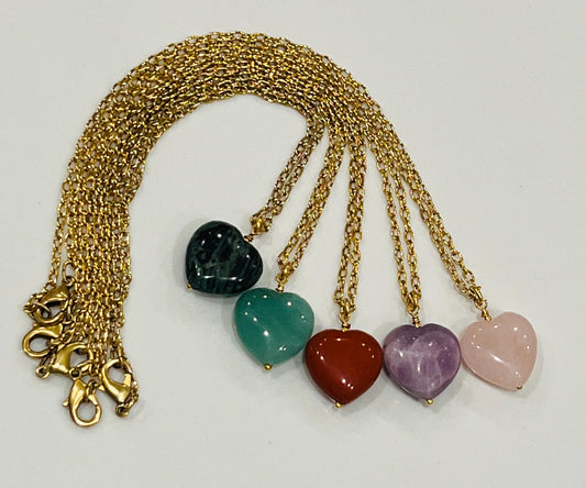 Gold Delicate Paperclip Chain with Natural Gemstone Heart  Kambaba Jasper, Rose Quartz, Lepidolite, Red Jasper, or Green Aventurine