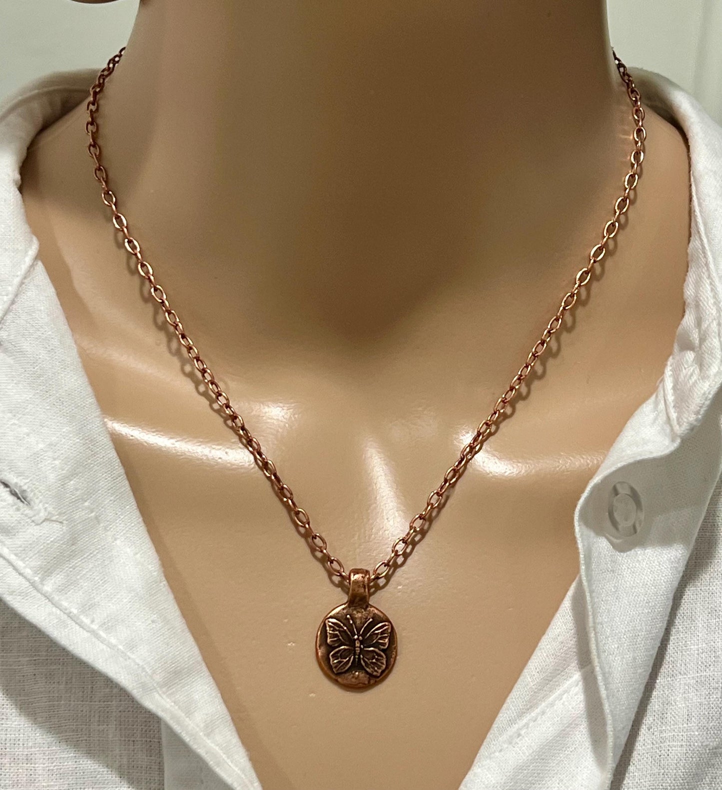 Copper Delicate Paperclip Layering Necklace with Copper Butterfly Coin Pendant Gorgeous Layering Statement Necklace Modern Copper Necklace