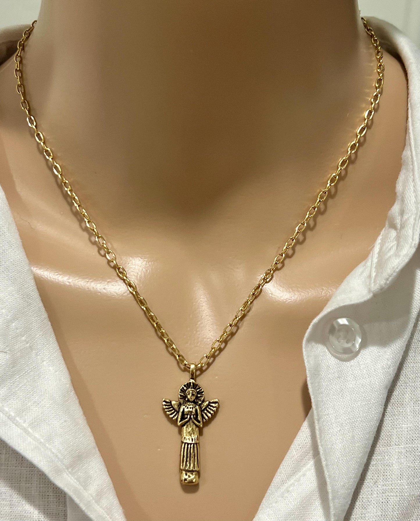 Gold Delicate Paperclip Layering Necklace with Gold Goddess Pendant Gorgeous Layering Statement Necklace Modern Gold Angel Necklace