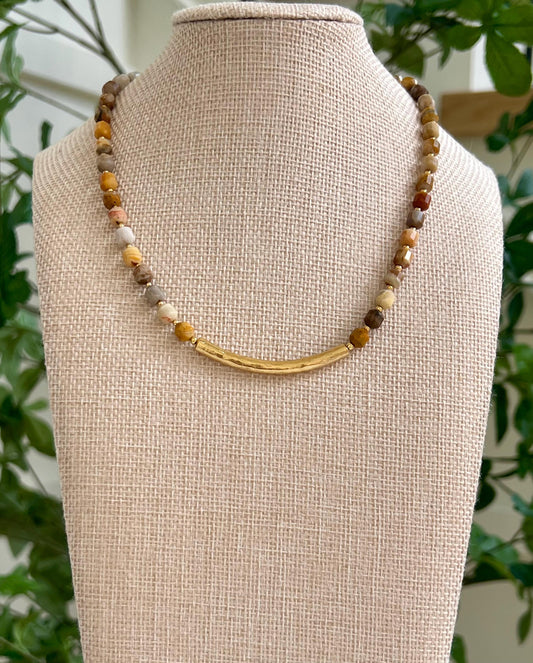 Crazy Lace Agate Beaded Necklace Non-Tarnish Large Curved Bar Natural Semi-Precious Gemstones 6mm Double Point Faceted Stones Toggle Clasp