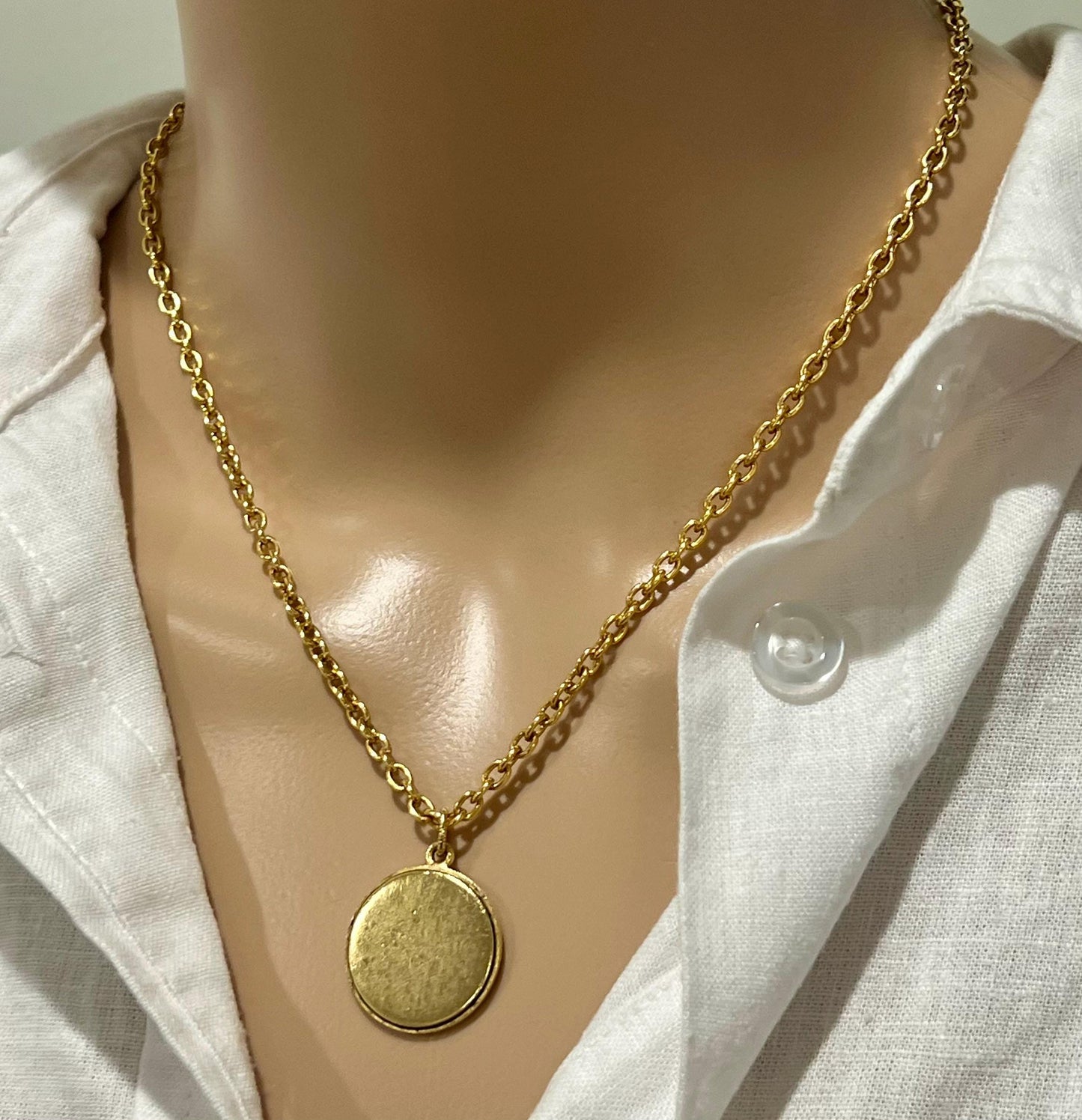 Gold Small Classic Cable Chain Layering Necklace with Organic Gold Coin Pendant Gorgeous Layering Statement Necklace Modern Gold Necklace