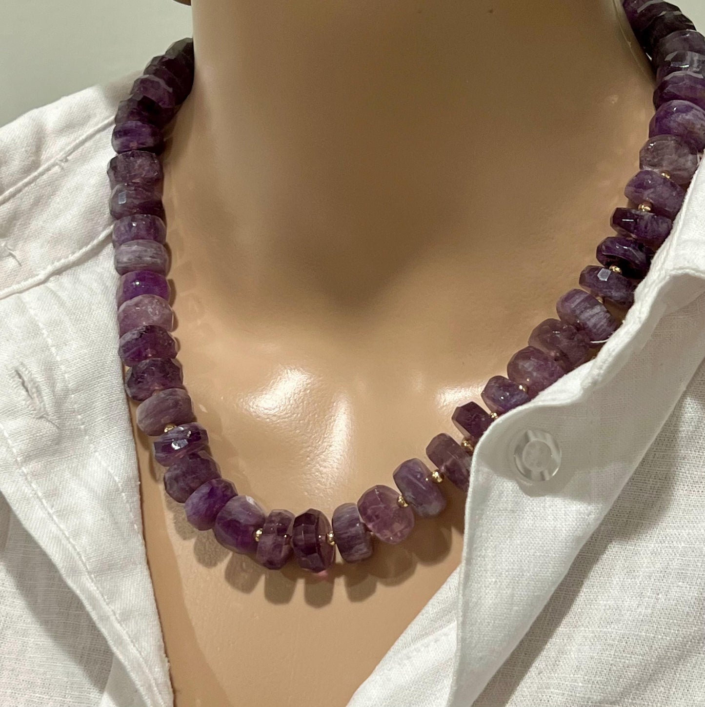 Amethyst Beaded Statement Necklace Amethyst Faceted Wheel Rondelle Beads Size 6x12-6x15mm Sparkling Amethyst 18k Gold Filled Large Clasp